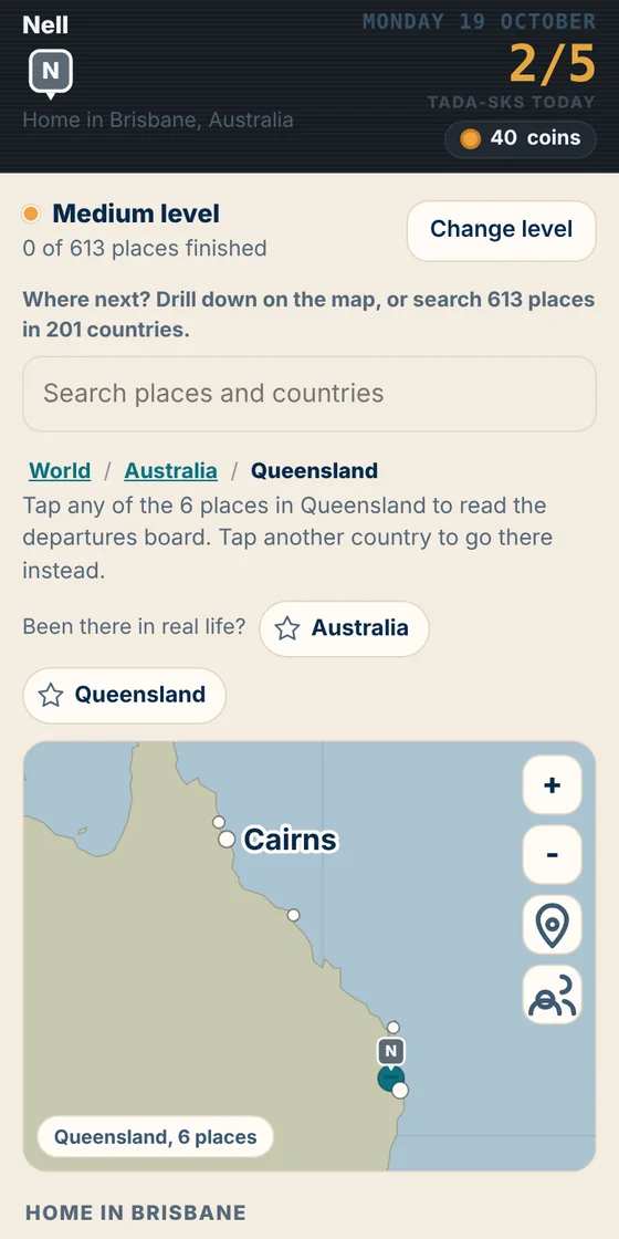 The map screen, zoomed in on Queensland with the traveller's marker and places to travel to.